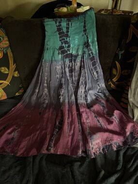 Boho Tie-Dye Maxi Skirt in Teal, Gray & Plum